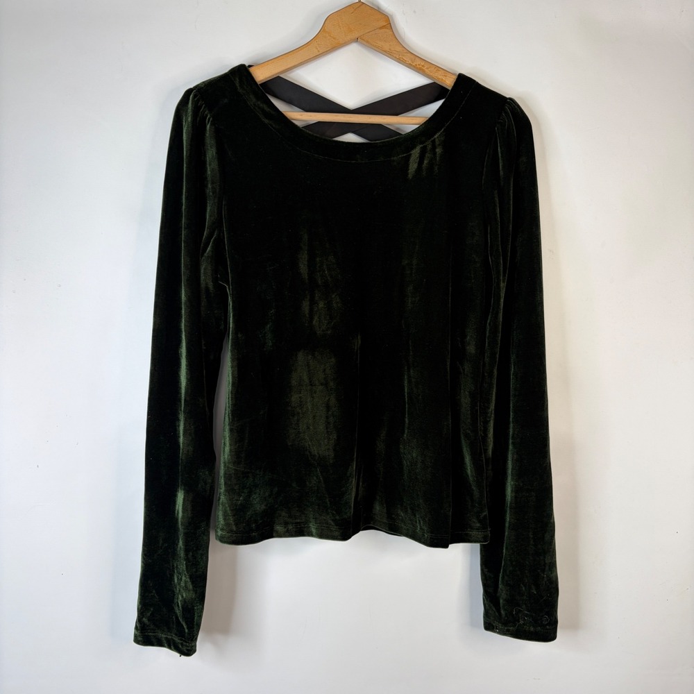 Anthropologie Velvet Top Women Large Green Open Back Ribbon Tie Long Sleeve
